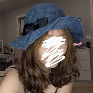 Blue Floppy Hat with Black Bow
